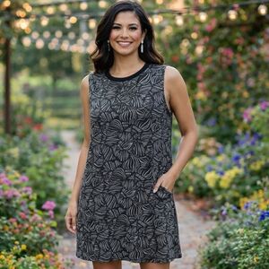 Farwest Black & Gray Sleeveless Dress | Abstract Print Pocket Dress Casual